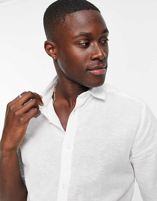 Asos ONLY & SONS Short Sleeve Slim Fit Shirt In Linen Mix In White
