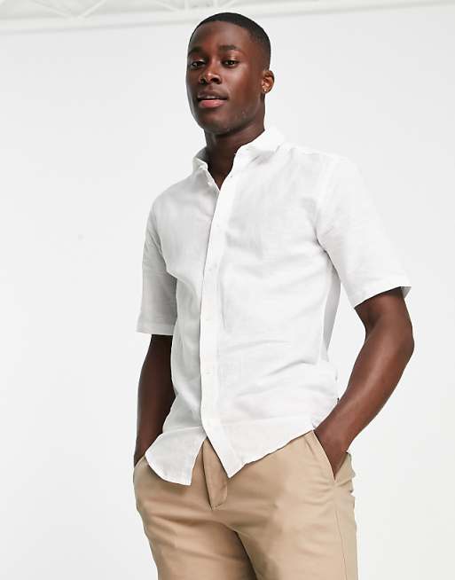 asos ONLY & SONS short sleeve slim fit shirt in linen mix in white