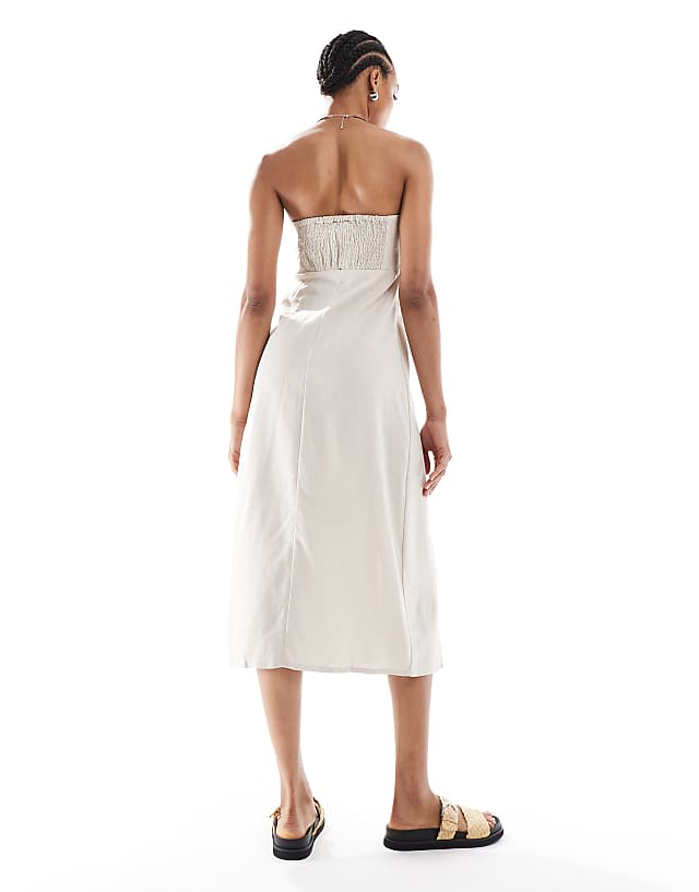 Asos ONLY Tall Linen Mix Bandeau Midi Dress In Stone