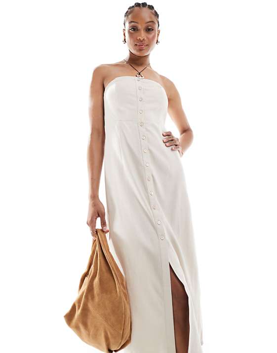 Asos ONLY Tall Linen Mix Bandeau Midi Dress In Stone