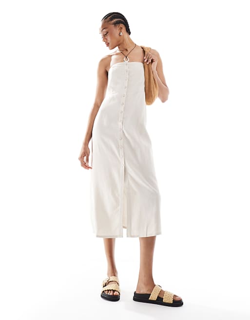asos ONLY Tall linen mix bandeau midi dress in stone