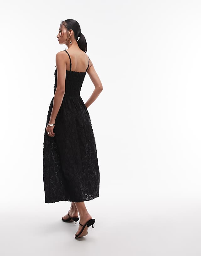 Asos & Other Stories 3D Floral Midi Dress With V Drop Waist In Black