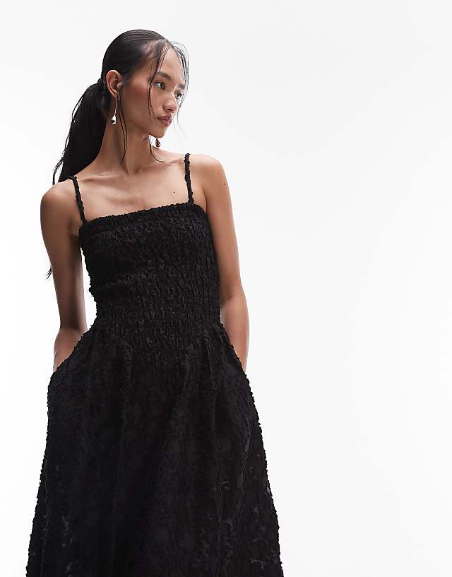 Asos & Other Stories 3D Floral Midi Dress With V Drop Waist In Black