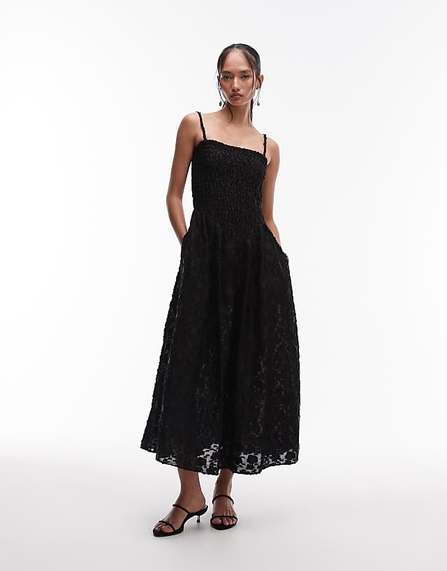 asos & Other Stories 3D floral midi dress with v drop waist in black