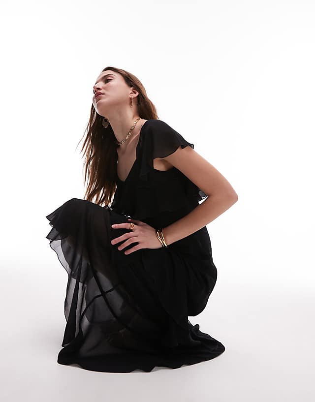 Asos & Other Stories Asymmetric Midaxi Dress With Tiered Ruffles In Black