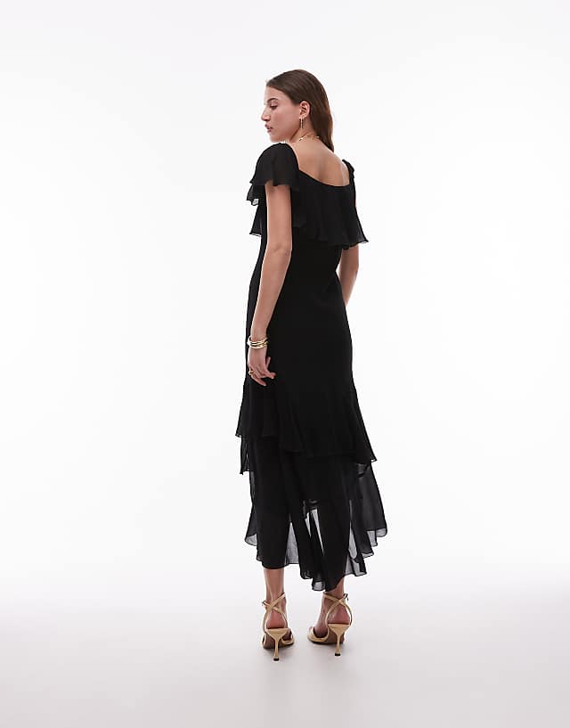 Asos & Other Stories Asymmetric Midaxi Dress With Tiered Ruffles In Black