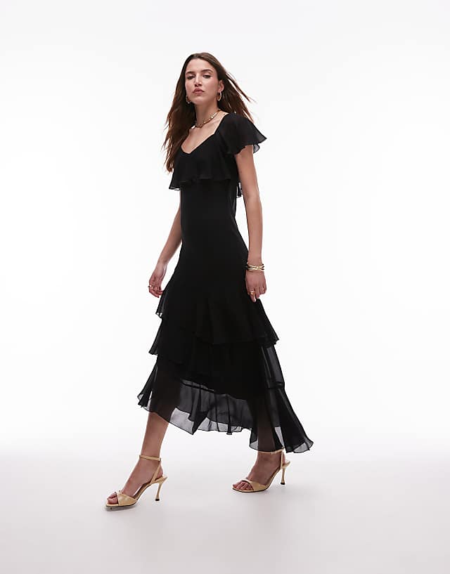 asos & Other Stories asymmetric midaxi dress with tiered ruffles in black