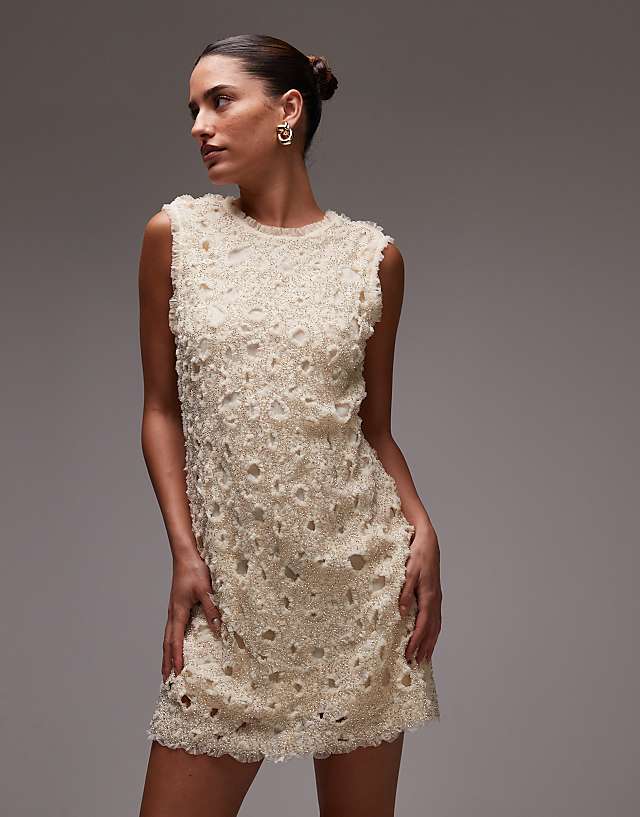Asos & Other Stories Beaded Tulle Mini Dress With Cut Work Detail In Cream