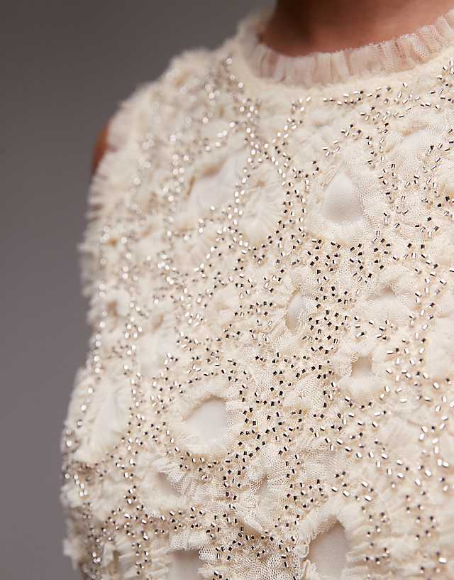 Asos & Other Stories Beaded Tulle Mini Dress With Cut Work Detail In Cream
