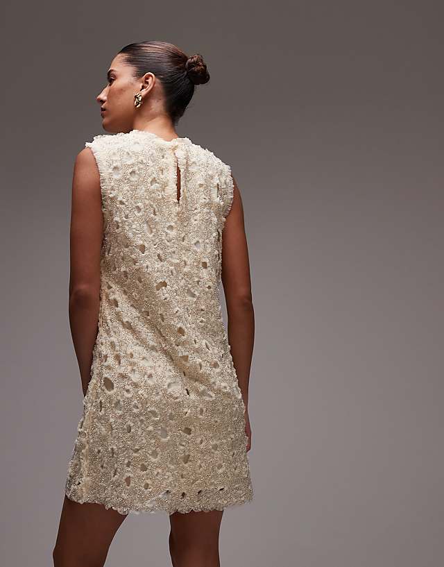 Asos & Other Stories Beaded Tulle Mini Dress With Cut Work Detail In Cream