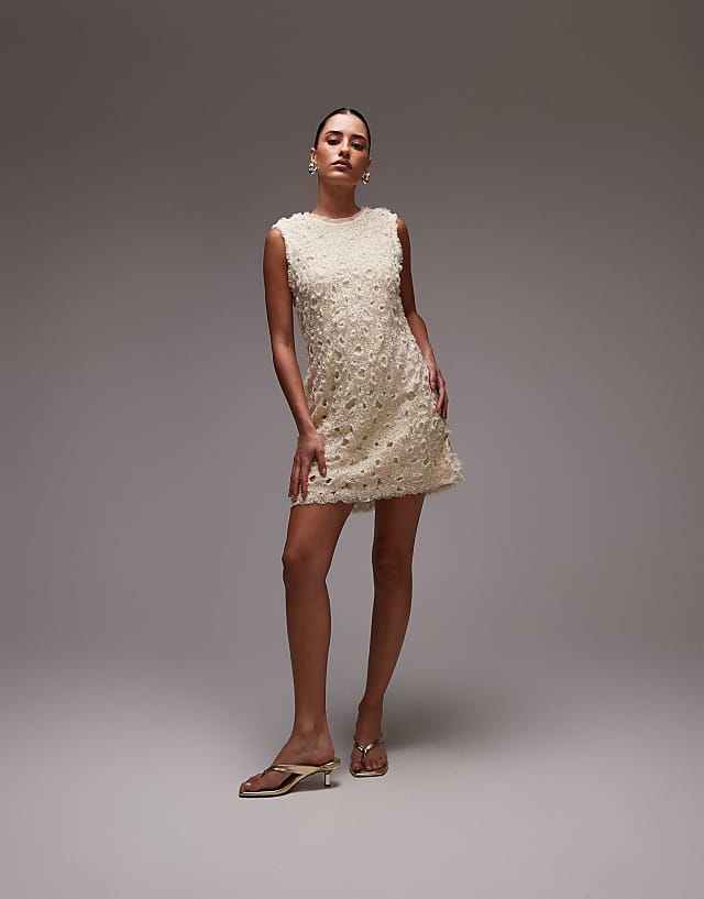 asos & Other Stories beaded tulle mini dress with cut work detail in cream