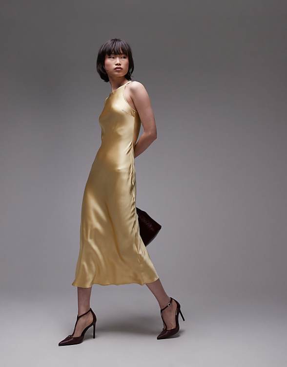 asos & Other Stories bias cut satin midi dress in light yellow