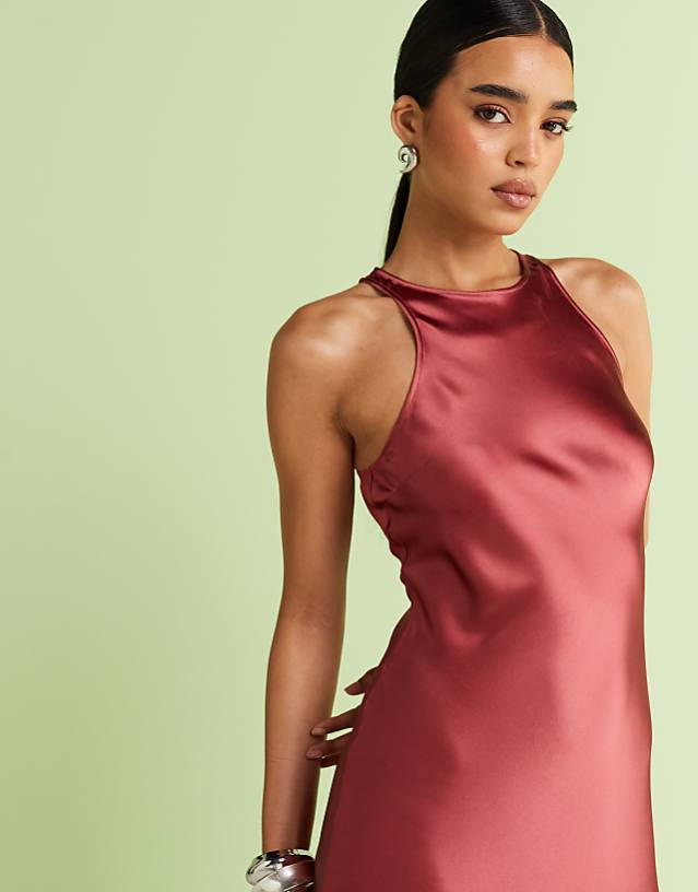Asos & Other Stories Bias Cut Satin Midi Dress In Pomegranate Pink