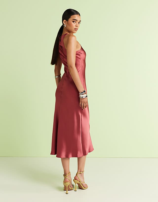 Asos & Other Stories Bias Cut Satin Midi Dress In Pomegranate Pink