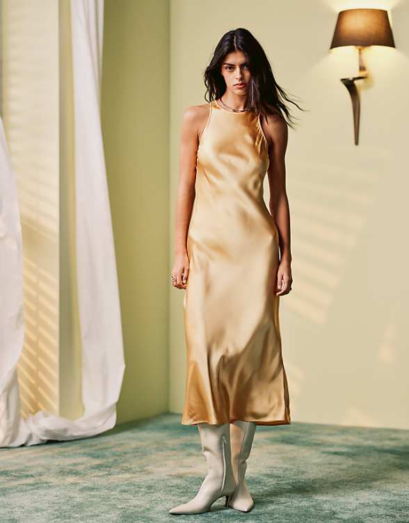asos & Other Stories bias cut satin midi dress in yellow