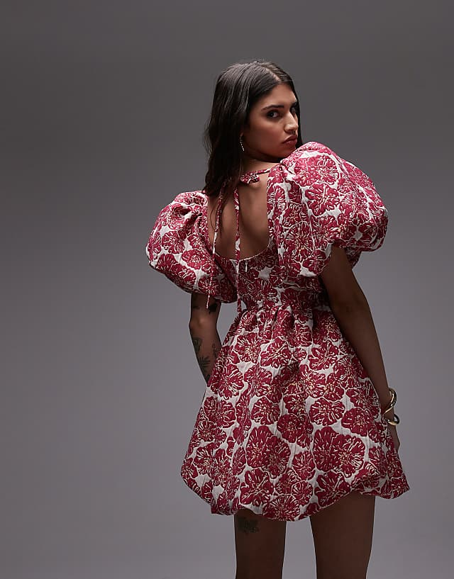 Asos & Other Stories Brocade Mini Dress With Statement Puff Sleeves And Deep Back In Pink Floral