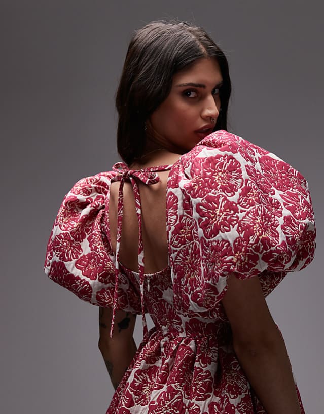 Asos & Other Stories Brocade Mini Dress With Statement Puff Sleeves And Deep Back In Pink Floral