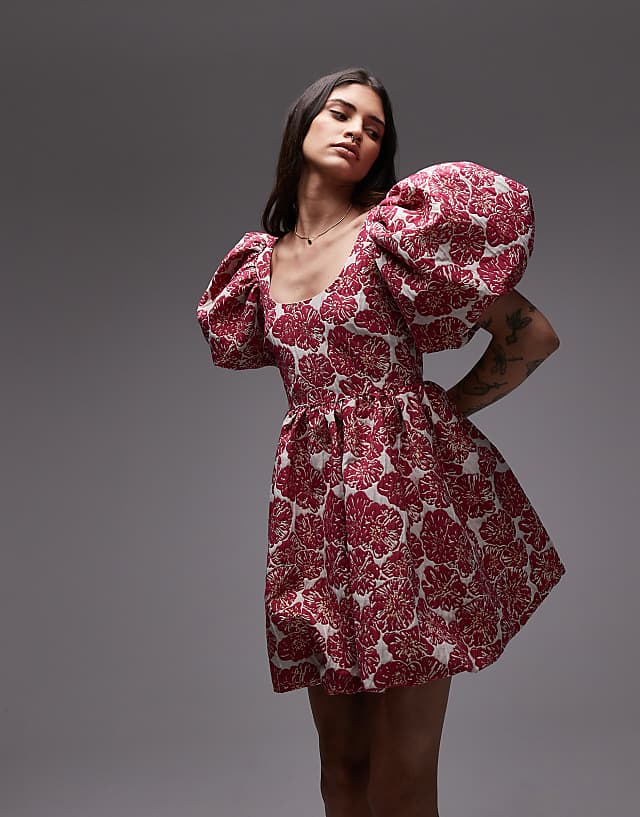 asos & Other Stories brocade mini dress with statement puff sleeves and deep back in pink floral