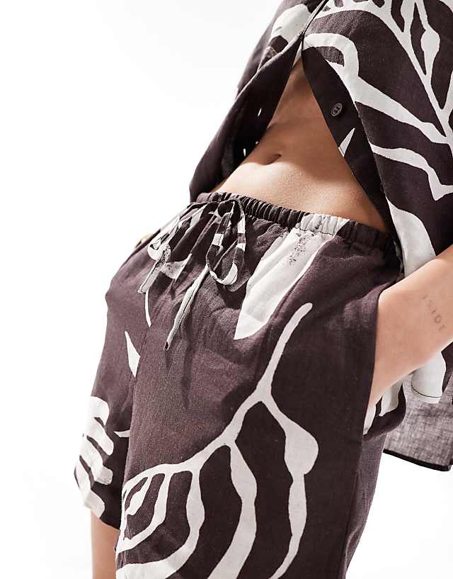Asos & Other Stories Co-ord Linen Shorts With Drawstring Waist In Bold Abstract Leaf Print