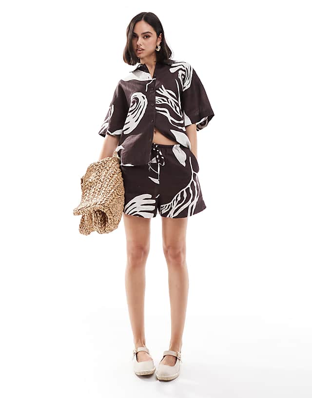 Asos & Other Stories Co-ord Linen Shorts With Drawstring Waist In Bold Abstract Leaf Print