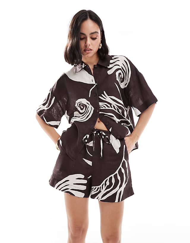asos & Other Stories co-ord linen shorts with drawstring waist in bold abstract leaf print