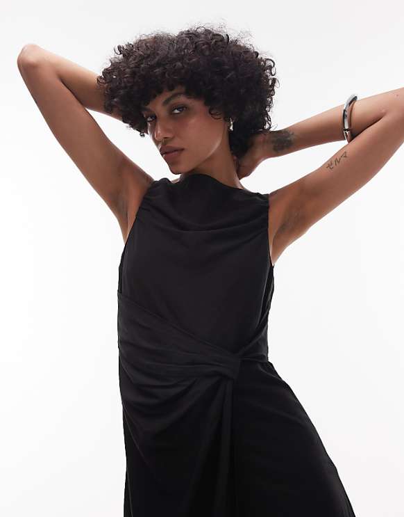 Asos & Other Stories Drapey Midaxi Dress With Asymmetric Flutter Hem In Black