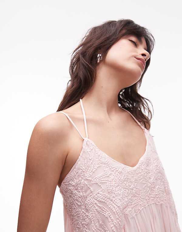 Asos & Other Stories Embroidered Maxi Dress With Drop Waist In Pink