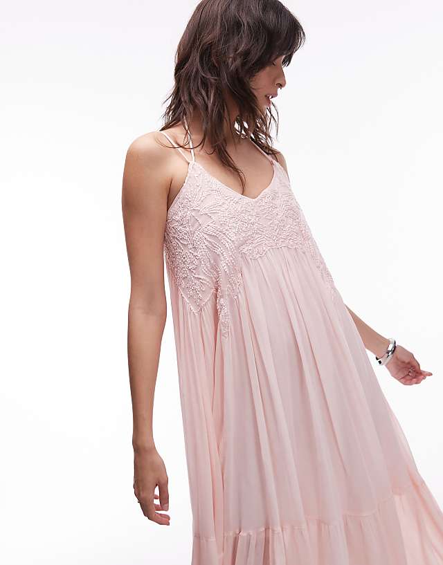 Asos & Other Stories Embroidered Maxi Dress With Drop Waist In Pink