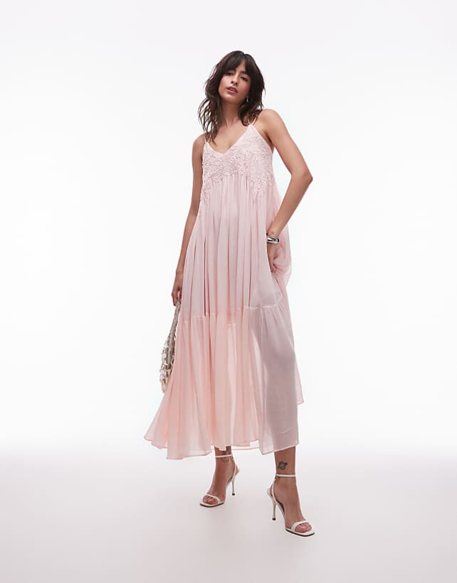 asos & Other Stories embroidered maxi dress with drop waist in pink