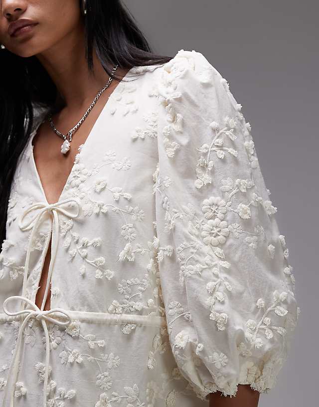 Asos & Other Stories Embroidered Mini Dress With Front Tie Detail And Tiered Hem In White