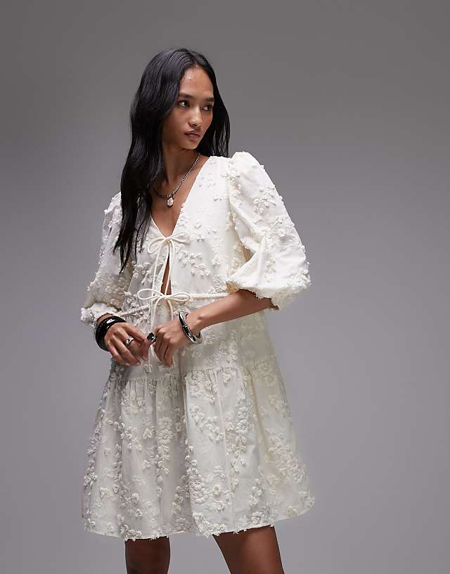 Asos & Other Stories Embroidered Mini Dress With Front Tie Detail And Tiered Hem In White