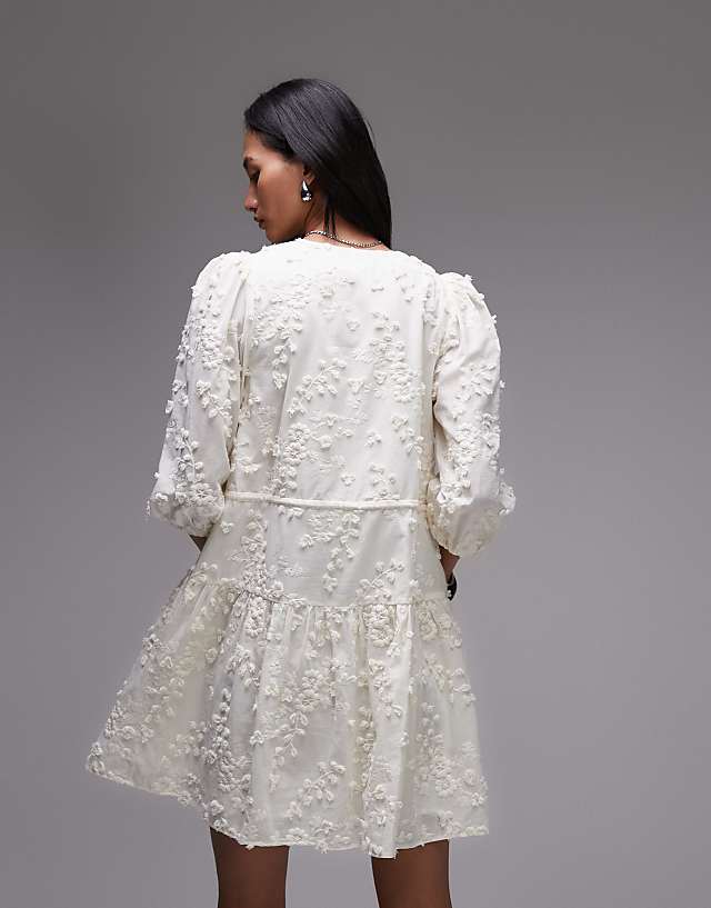 Asos & Other Stories Embroidered Mini Dress With Front Tie Detail And Tiered Hem In White