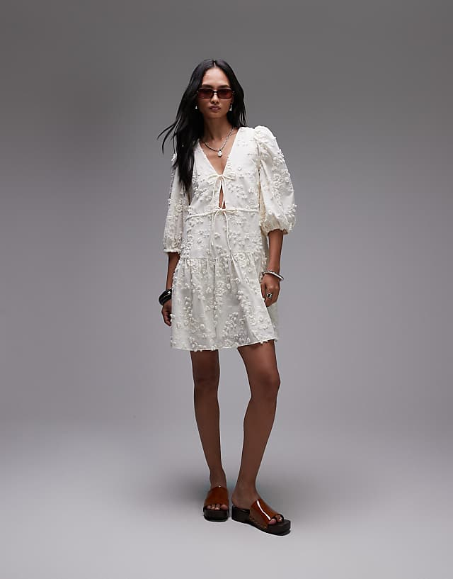 asos & Other Stories embroidered mini dress with front tie detail and tiered hem in white
