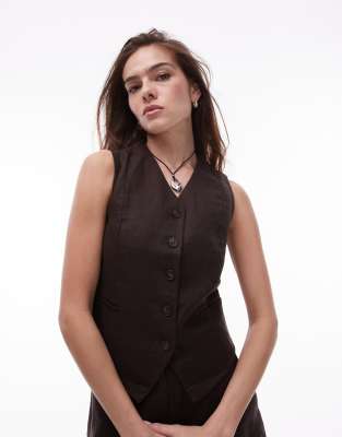 Asos & Other Stories Fitted Linen Waistcoat And Shorts Set In Dark Brown