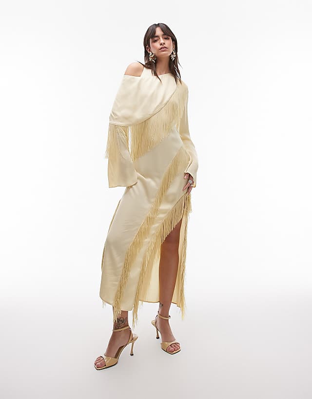 Asos & Other Stories Fringed Maxi Dress With Drape Detail And Thigh Split In Butter Yellow
