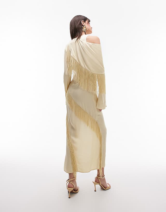 Asos & Other Stories Fringed Maxi Dress With Drape Detail And Thigh Split In Butter Yellow