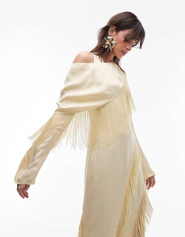 asos & Other Stories fringed maxi dress with drape detail and thigh split in butter yellow