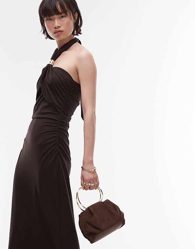 Asos & Other Stories Jersey Maxi Dress With Metallic Clasp Halter Neck In Brown