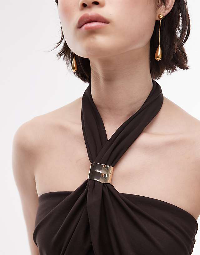 Asos & Other Stories Jersey Maxi Dress With Metallic Clasp Halter Neck In Brown