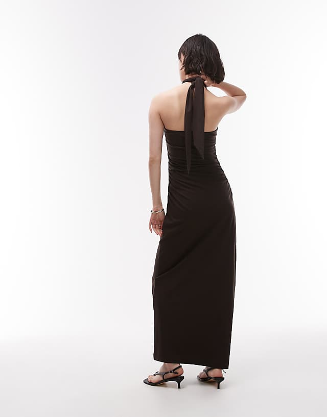 Asos & Other Stories Jersey Maxi Dress With Metallic Clasp Halter Neck In Brown