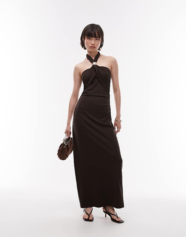 asos & Other Stories jersey maxi dress with metallic clasp halter neck in brown