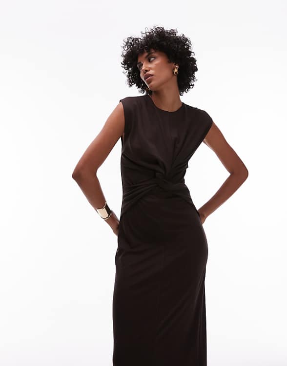 Asos & Other Stories Jersey Midaxi Dress With Twist Front Detail In Brown