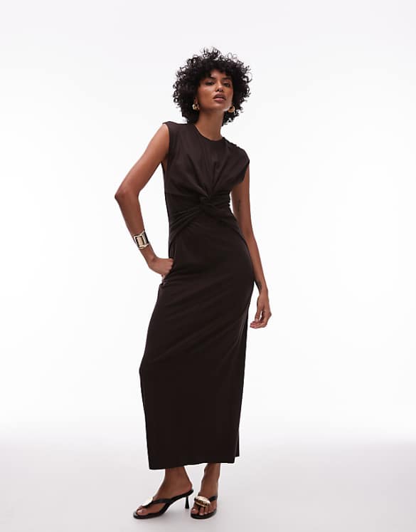 asos & Other Stories jersey midaxi dress with twist front detail in brown