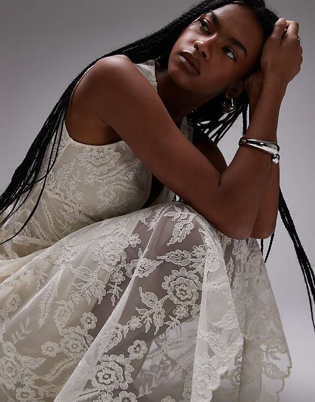 Asos & Other Stories Lace Midaxi Dress With Drop Waist And Handkerchief Hem In Off White