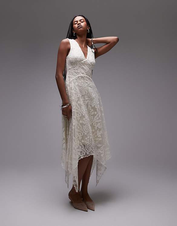 asos & Other Stories lace midaxi dress with drop waist and handkerchief hem in off white