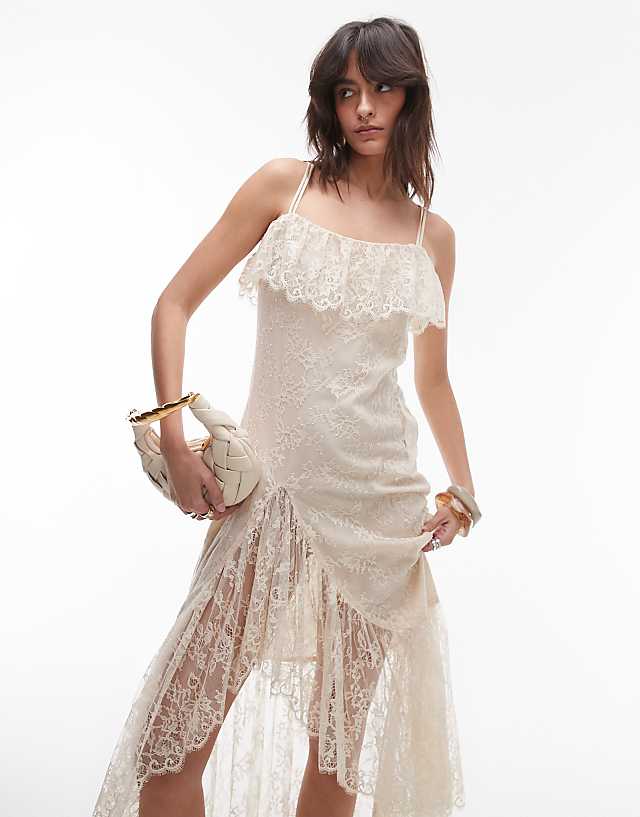 Asos & Other Stories Lace Midaxi Slip Dress With Sheer Asymmetric Tiered Ruffle Detail In Vintage Cream