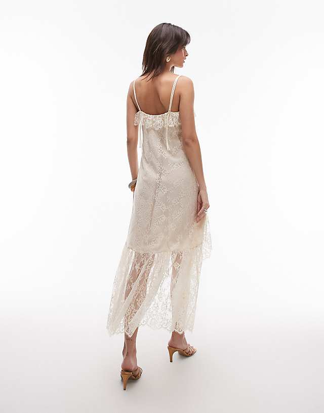 Asos & Other Stories Lace Midaxi Slip Dress With Sheer Asymmetric Tiered Ruffle Detail In Vintage Cream