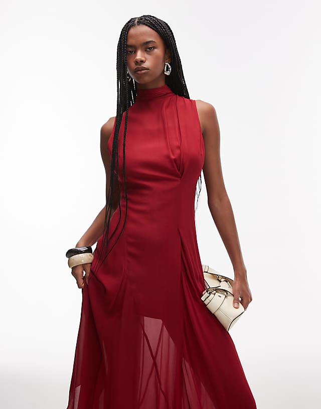 Asos & Other Stories Layered Sheer Chiffon Midaxi Dress With Open Tie Back And Handkerchief Hem In Red