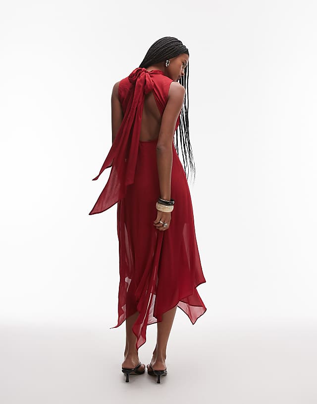Asos & Other Stories Layered Sheer Chiffon Midaxi Dress With Open Tie Back And Handkerchief Hem In Red