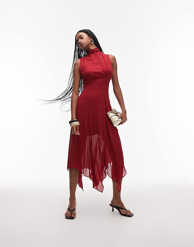 asos & Other Stories layered sheer chiffon midaxi dress with open tie back and handkerchief hem in red